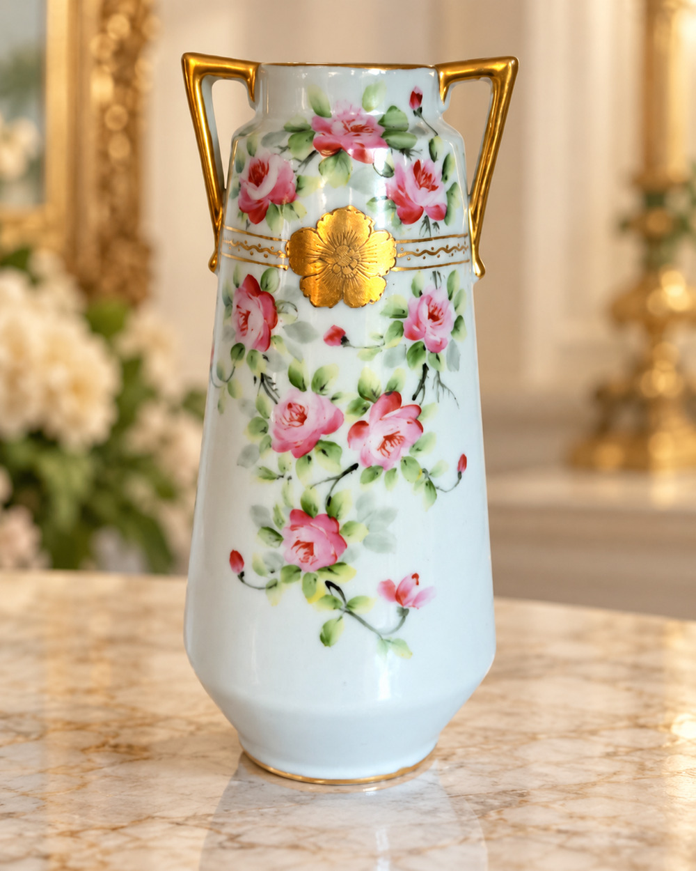 Antique Nippon Hand Painted Rose Vase 8" Double Handle Gold Gilt Porcelain